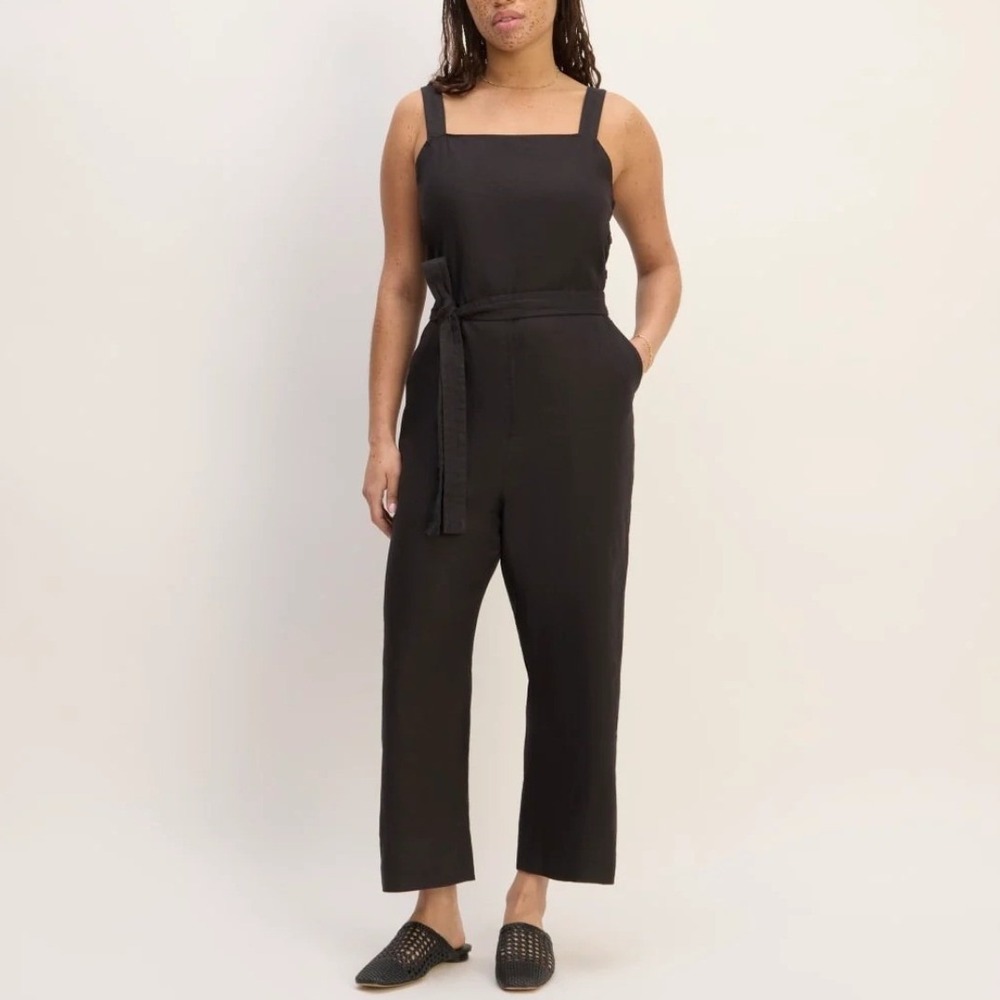 Everlane European Flax Linen Side-Button Jumpsuit Black Square Neck Sleeveless 8